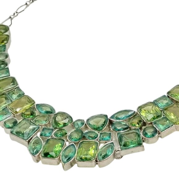Statement Green Glass Stone Bib Necklace Silver Tone Chunky Collar Boho Jewelry - Picture 7 of 16